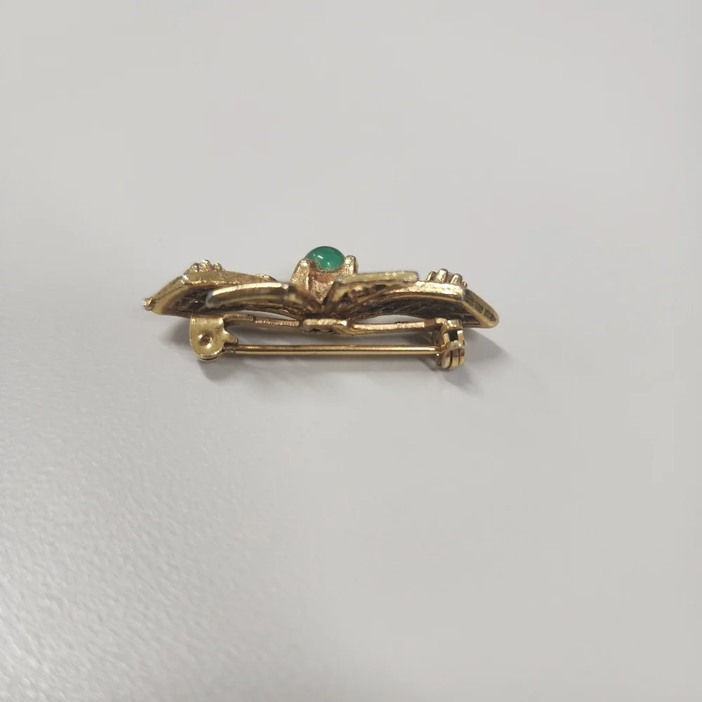 Vintage Gold Filigree Bow Brooch Pin Green Cabochon Pearl Accents Victorian MCM